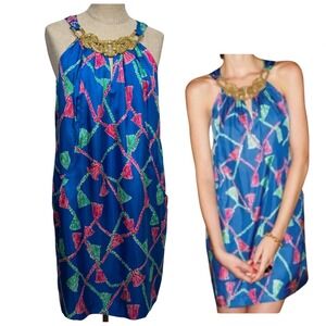Lilly Pulitzer 8 Silk Dress Blue Tickle My Tassel Halter Beaded Old Money Resort